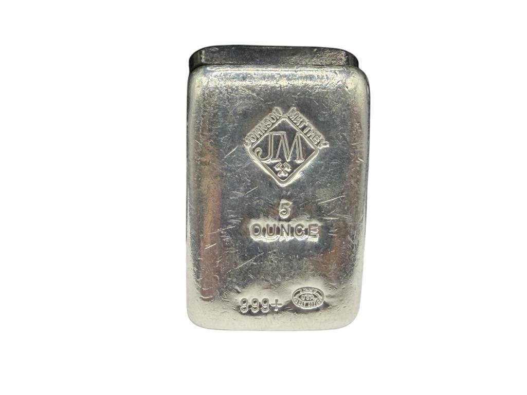 JOHNSON MATTHEY .999 FINE SILVER 5 TROY OUNCE BAR: 5 TROY OUNCES, 2 1/8"