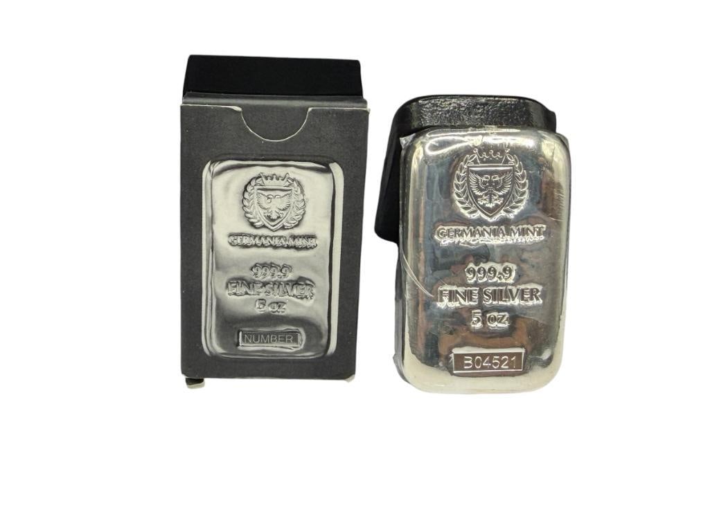 GERMANIA MINT .999 FINE SILVER 5 TROY OUNCE BAR IN ORIGINAL BOX AND WRAPPED IN PLASTIC: 5 TROY OUNCES, 2"