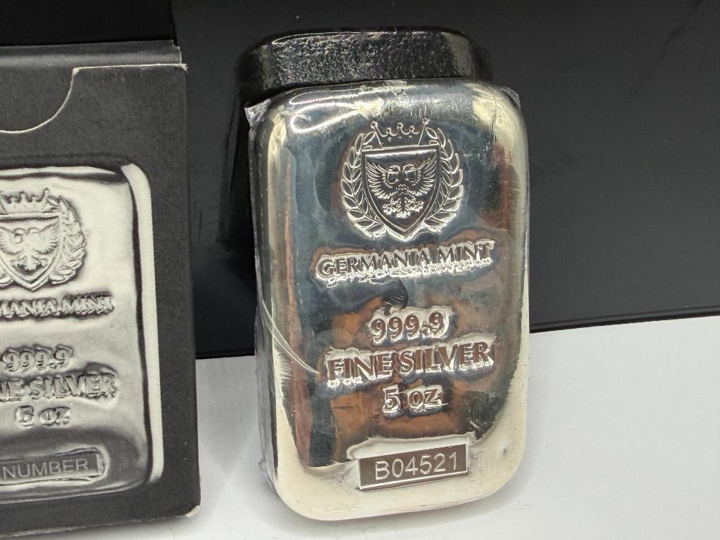 GERMANIA MINT .999 FINE SILVER 5 TROY OUNCE BAR IN ORIGINAL BOX AND WRAPPED IN PLASTIC - 2