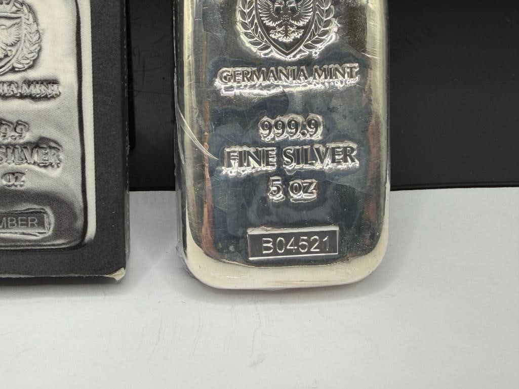 GERMANIA MINT .999 FINE SILVER 5 TROY OUNCE BAR IN ORIGINAL BOX AND WRAPPED IN PLASTIC - 3