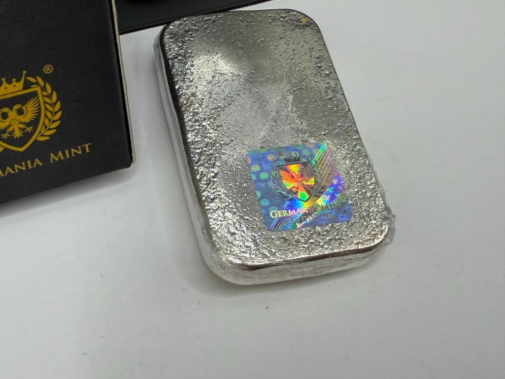 GERMANIA MINT .999 FINE SILVER 5 TROY OUNCE BAR IN ORIGINAL BOX AND WRAPPED IN PLASTIC - 5