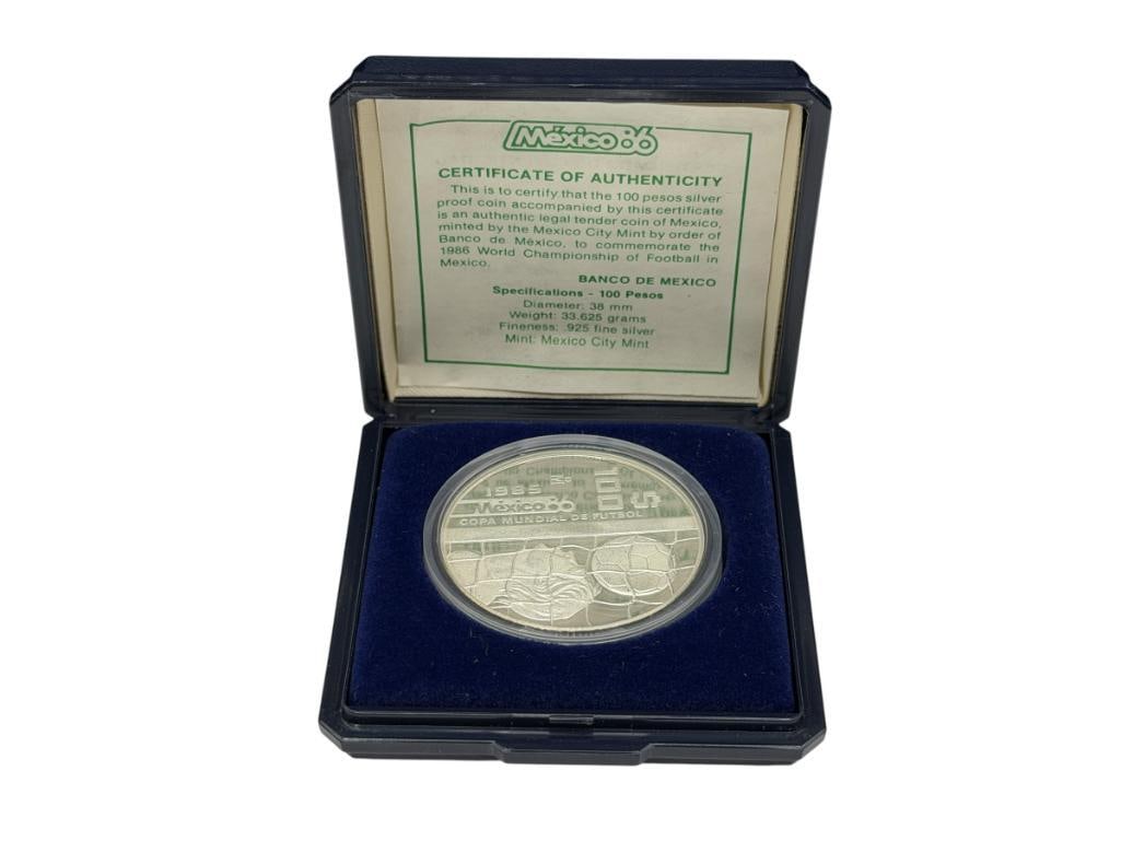 1985 MEXICO FIFA WORLD CUP 1986 SOCCER STERLING SILVER 100 PESOS PROOF COIN (1 of 9)