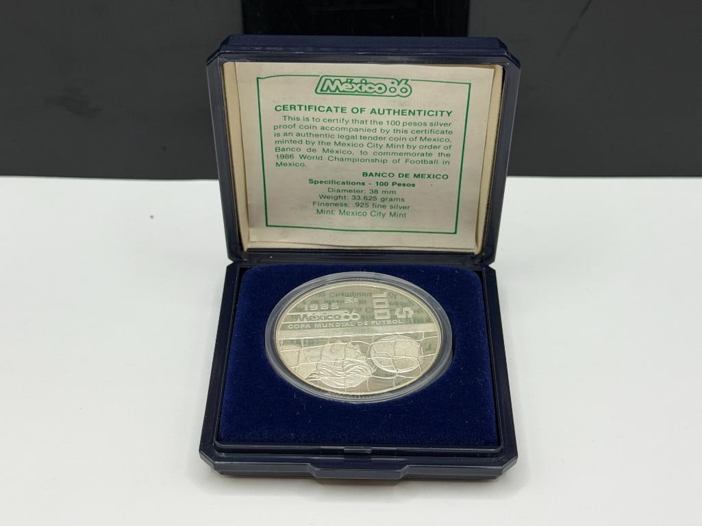1985 MEXICO FIFA WORLD CUP 1986 SOCCER STERLING SILVER 100 PESOS PROOF COIN - 2