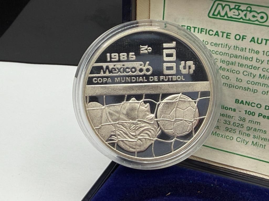 1985 MEXICO FIFA WORLD CUP 1986 SOCCER STERLING SILVER 100 PESOS PROOF COIN - 4