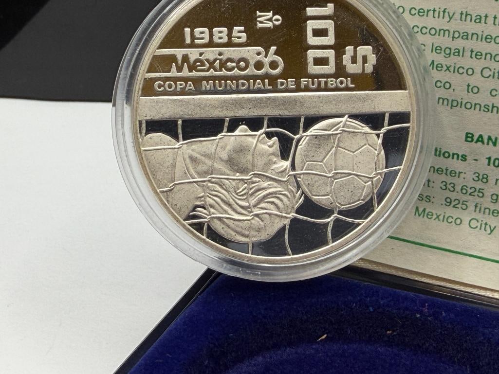 1985 MEXICO FIFA WORLD CUP 1986 SOCCER STERLING SILVER 100 PESOS PROOF COIN - 5