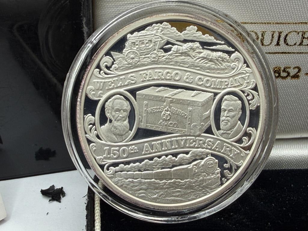 WELLS FARGO 150TH ANNIVERSARY .999 FINE SILVER COIN FEATURING STAGECOACH IN RELIEF - 5