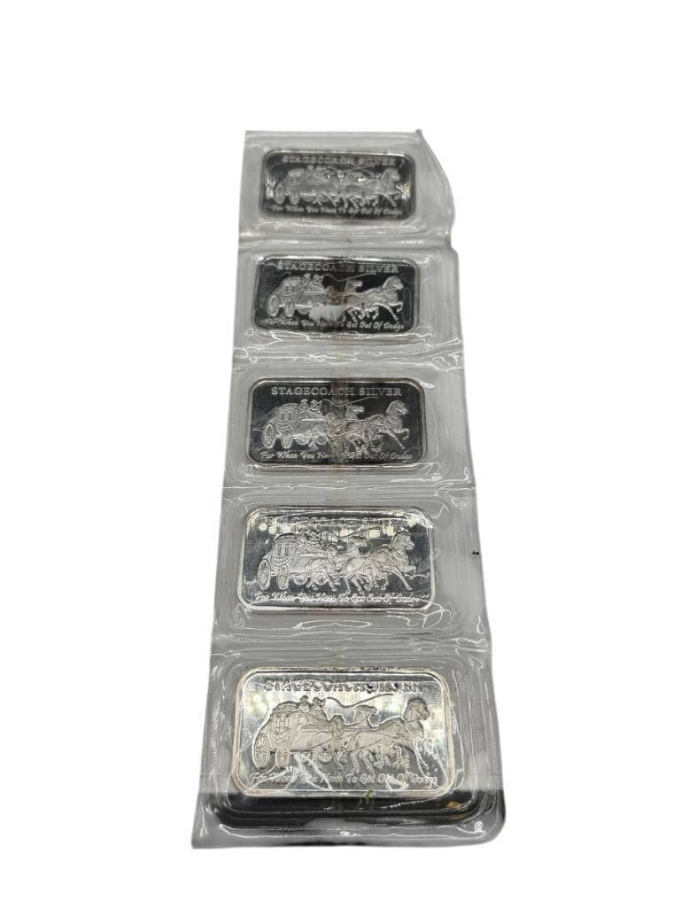 FIVE .999 FINE SILVER STAGECOACH SILVER "FOR WHEN YOU HAVE TO GET OUT OF DODGE" FRACTIONAL BARS: DIVIDED INTO QUARTERS OUNCES 1 TROY OUNCE EACH