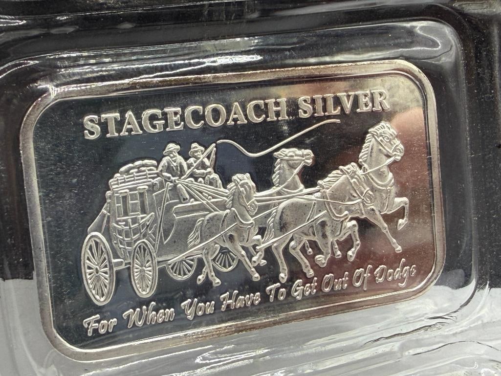 FIVE .999 FINE SILVER STAGECOACH SILVER "FOR WHEN YOU HAVE TO GET OUT OF DODGE" FRACTIONAL BARS - 5