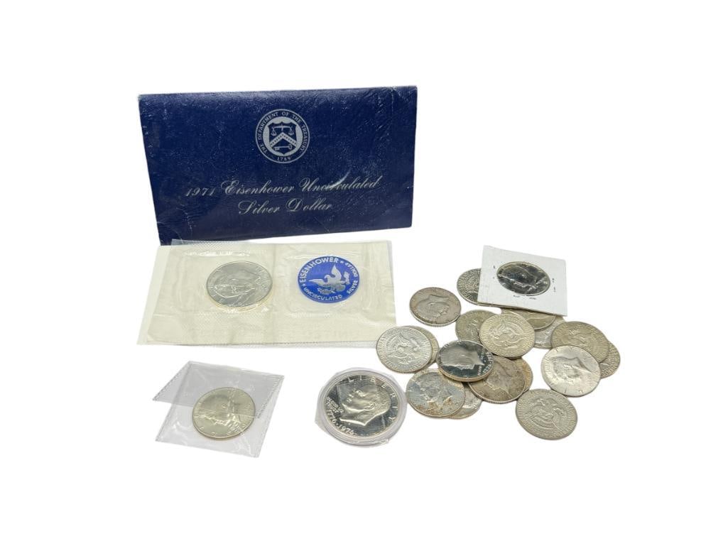 $15 FACE VALUE IN U.S. 40% SILVER COINS INCLUDING KENNEDY HALF DOLLARS AND EISENHOWER DOLLARS (1 of 11)