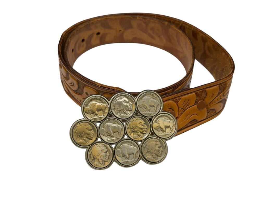 U.S. BUFFALO NICKEL EMBEDDED BELT BUCKLE WITH LEATHER BELT: BUCKLE IS SILVER TONED AND FEATURES 10 BUFFALO NICKELS FROM VARIOUS YEARS 32", 3 3/4" BUCKLE