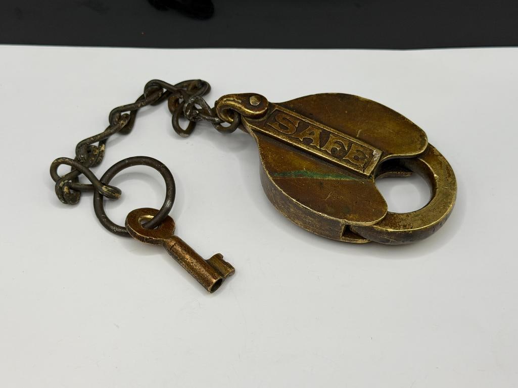 ANTIQUE SAFE BRASS PADLOCK WITH ORIGINAL KEY - 2