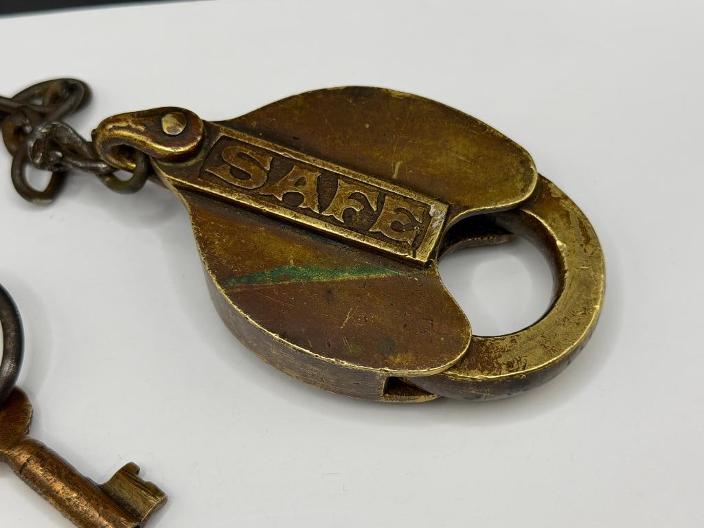 ANTIQUE SAFE BRASS PADLOCK WITH ORIGINAL KEY - 3