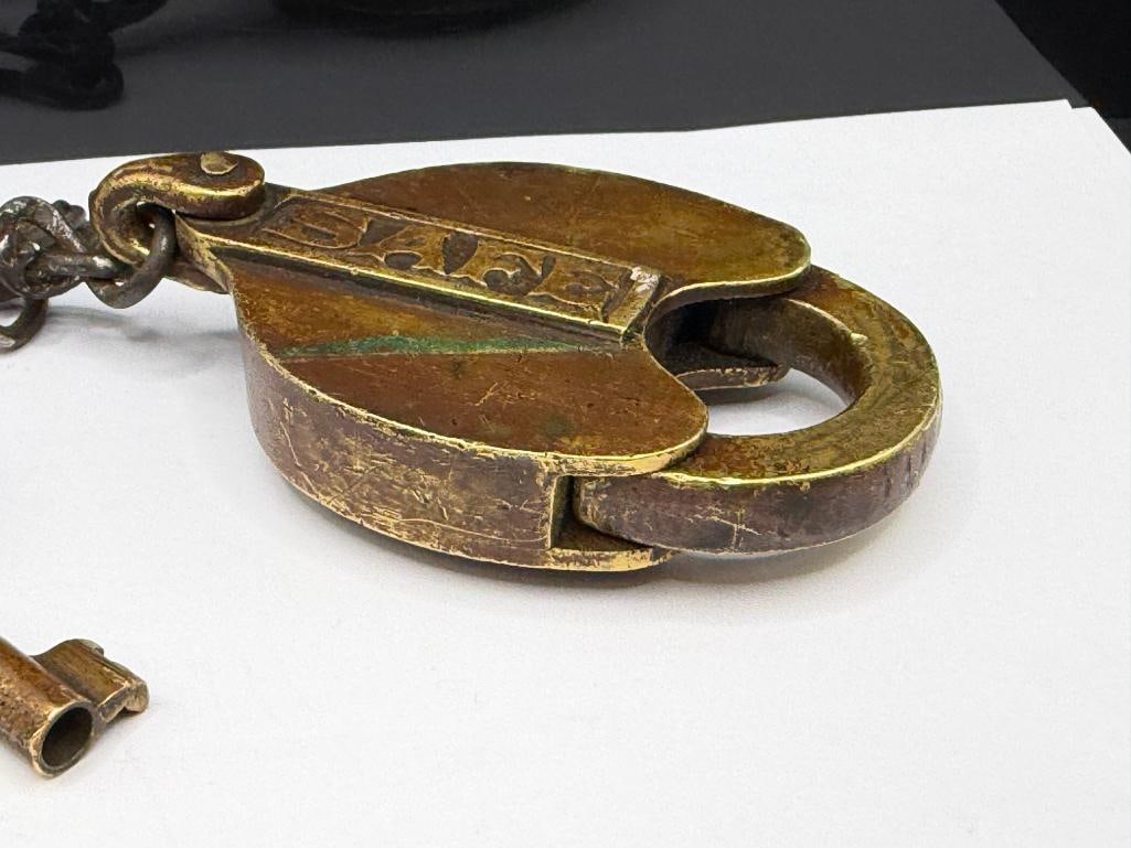 ANTIQUE SAFE BRASS PADLOCK WITH ORIGINAL KEY - 4