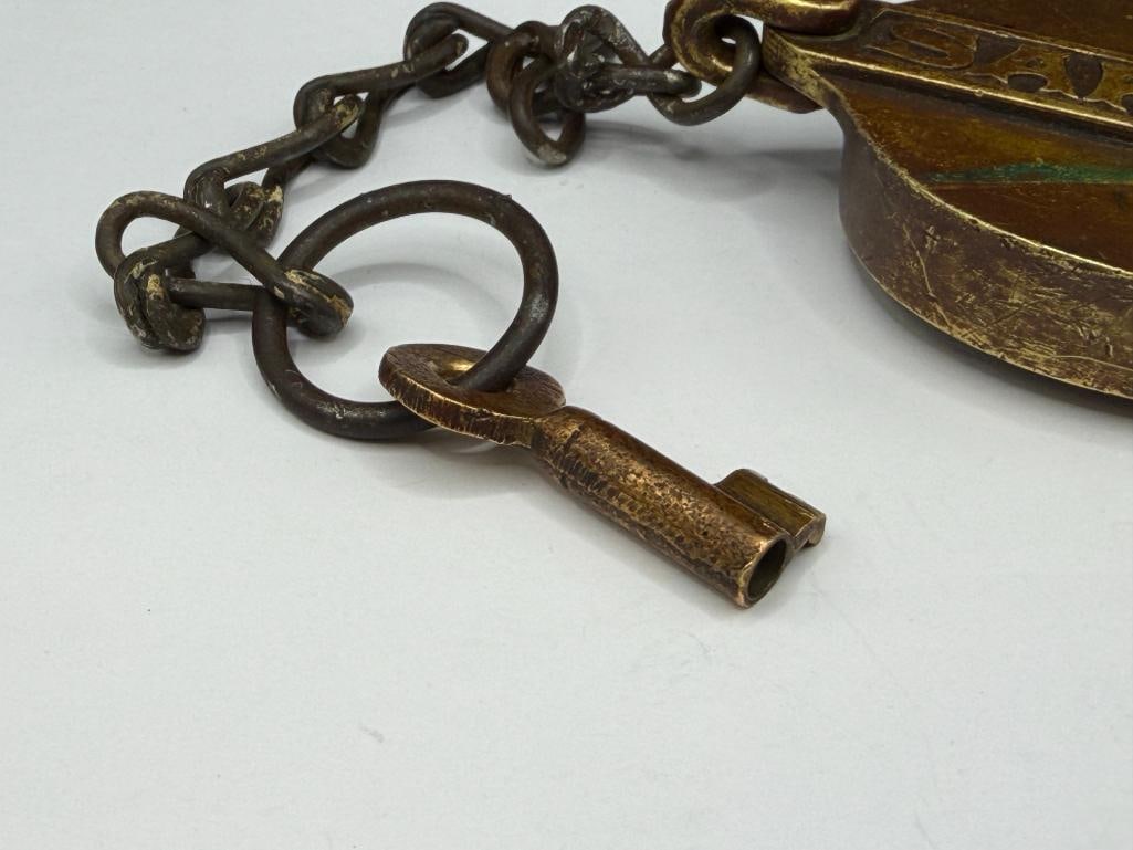 ANTIQUE SAFE BRASS PADLOCK WITH ORIGINAL KEY - 5
