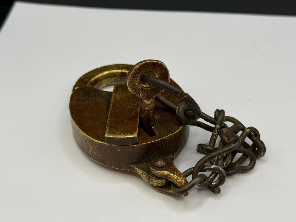ANTIQUE SAFE BRASS PADLOCK WITH ORIGINAL KEY - 7