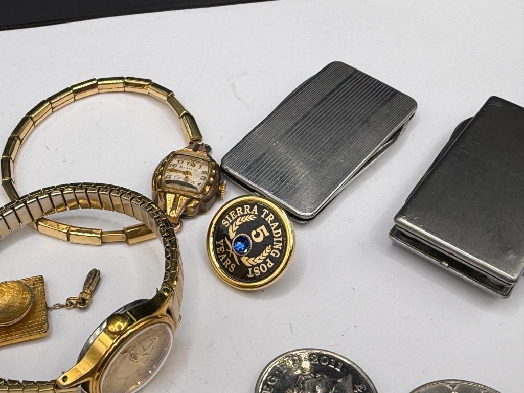 ASSORTED COLLECTIBLES INCLUDING VINTAGE LADIES BULOVA WRISTWATCH, U.S. COINS, AND GOLD TONE JEWELRY - 4