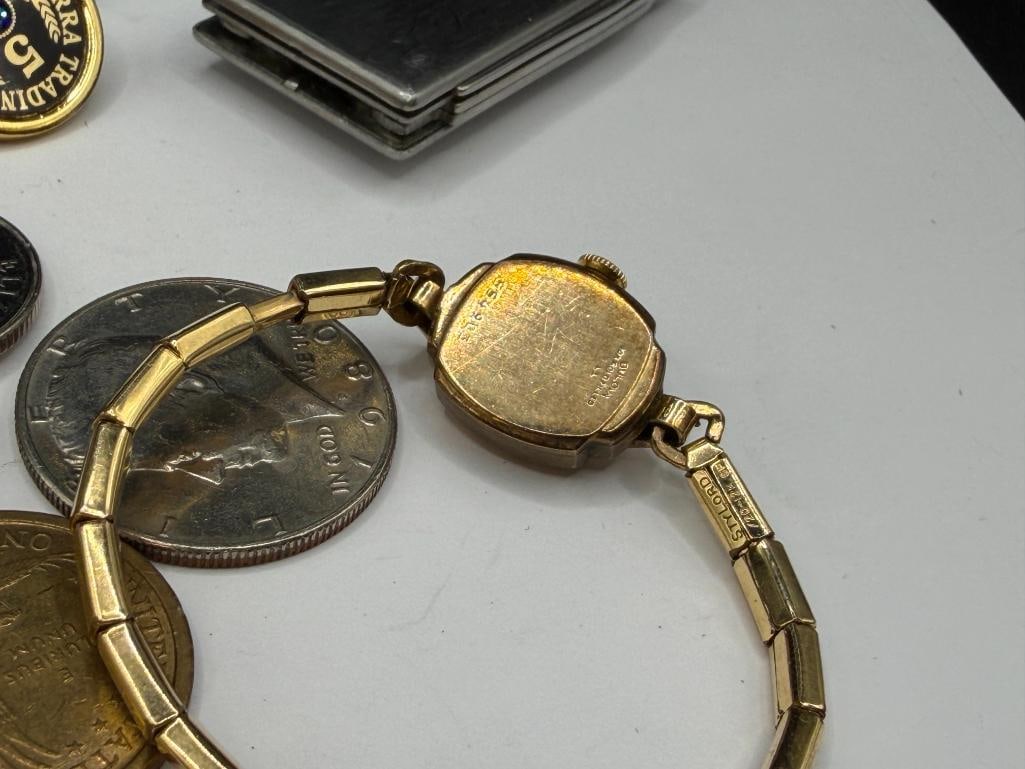 ASSORTED COLLECTIBLES INCLUDING VINTAGE LADIES BULOVA WRISTWATCH, U.S. COINS, AND GOLD TONE JEWELRY - 9