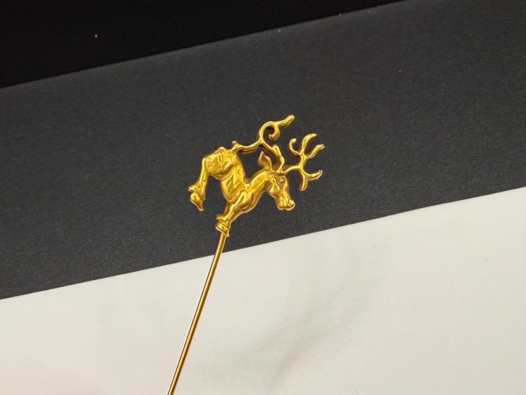 14K YELLOW GOLD REINDEEER STICK PIN: DESIGNER SIGNED "MA", SLIDE IS NOT GOLD 1.85 GRAMS WITHOUT SLIDE, 2 7/8"