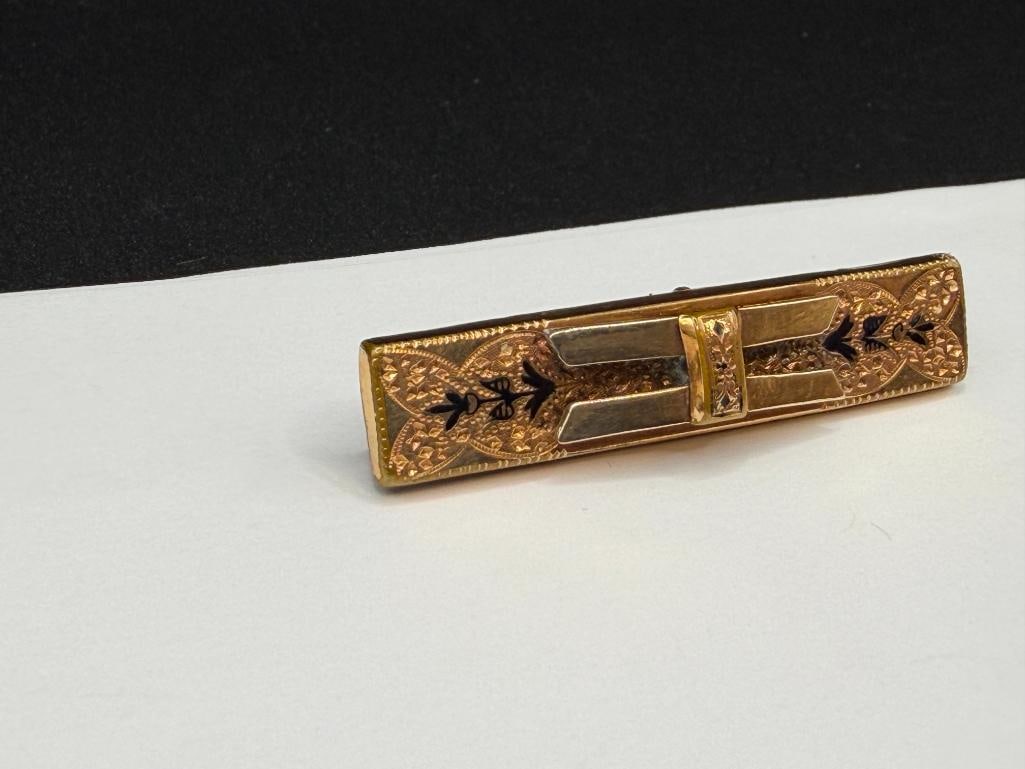 ANTIQUE VICTORIAN GOLD FILLED ENAMELED BROOCH BREAST PIN - 3