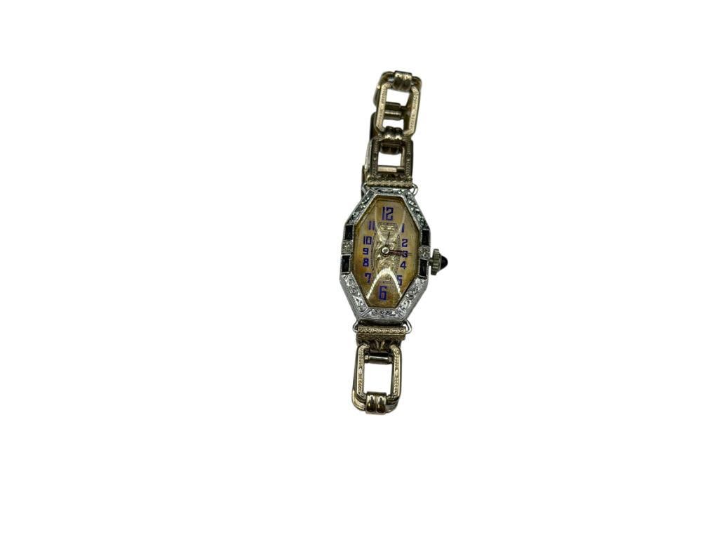 ANTIQUE WEARWELL 15 JEWELS SWISS MADE WRISTWATCH: NEEDS SERVICING, IN SILVER TONED CASE AND BAND WITH TWO DIAMONDS ACCENTED ON BEZEL, NOT CURRENTLY RUNNING 16MM WIDE CASE