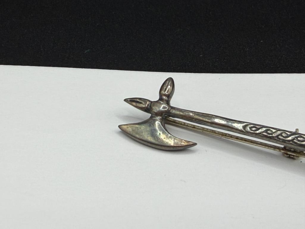 ANTIQUE IONA SCOTLAND STERLING SILVER FIGURAL AXE BROOCH - 3