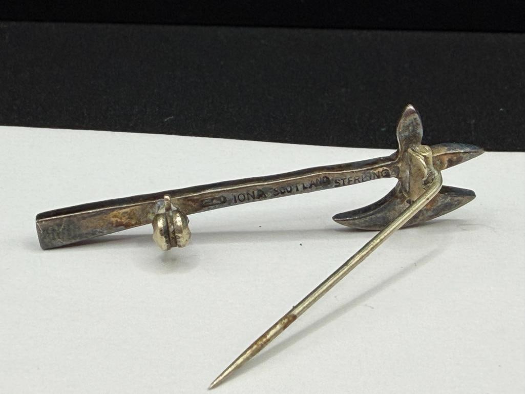 ANTIQUE IONA SCOTLAND STERLING SILVER FIGURAL AXE BROOCH - 5