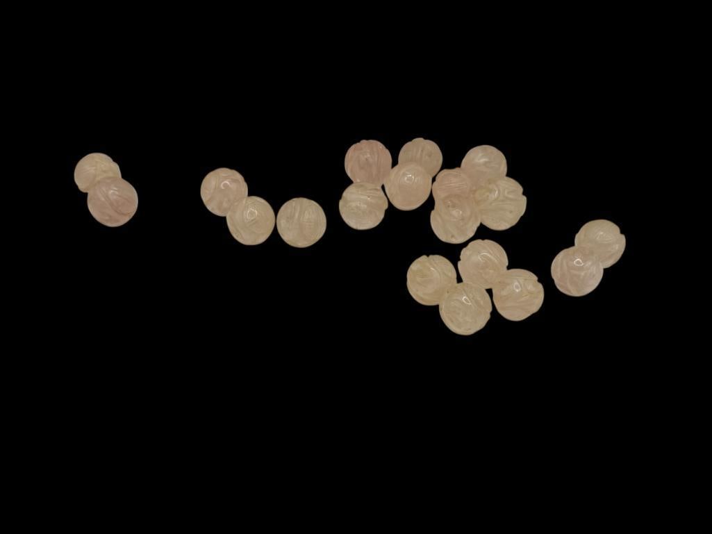 19 CARVED PINK JADEITE BEADS: FEATURING CARVED ASIAN DESIGN 15MM BEADS