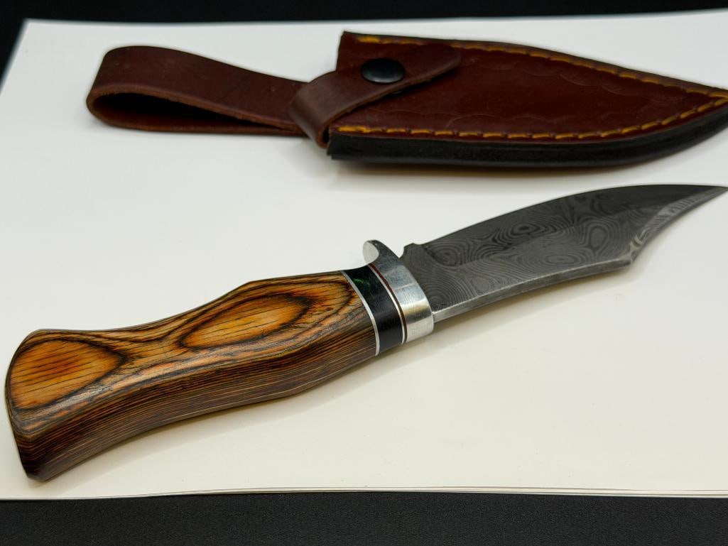 CUSTOM MADE FIXED BLADE KNIFE FEATURING CLIP-POINT BLADE WITH DAMASCUS DESIGN - 6