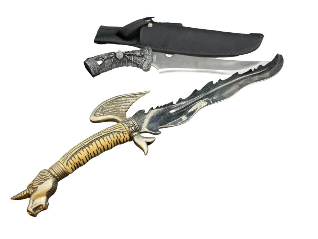 TWO FANTASY KNIVES INCLUDING FEATURING PEGASUS AND BLACK WIDOW THEMED HANDLES: LARGEST HAS 13" BLADE, 20" TOTAL LENGTH