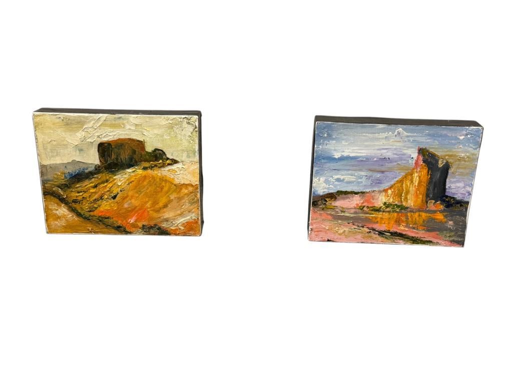 GENE STARK HEAVY ACRYLIC ON CANVAS BOARD IMPRESSIONIST WESTERN LANDSCAPE PAINTINGS DATED 2014: EACH PAINTINGS DEPICTS A WESTERN DESERT LANDSCAPE, SIGNED ON THE BACK AND DATED 10" X 8" 