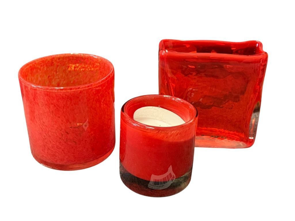 THREE HAND BLOWN ART GLASS RED GLASS VOTIVE HOLDERS AND DECORATIVE VASES ONE IS SIGNED BY HENRY D... (1 of 7)