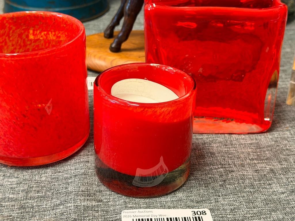 THREE HAND BLOWN ART GLASS RED GLASS VOTIVE HOLDERS AND DECORATIVE VASES ONE IS SIGNED BY HENRY D... - 2