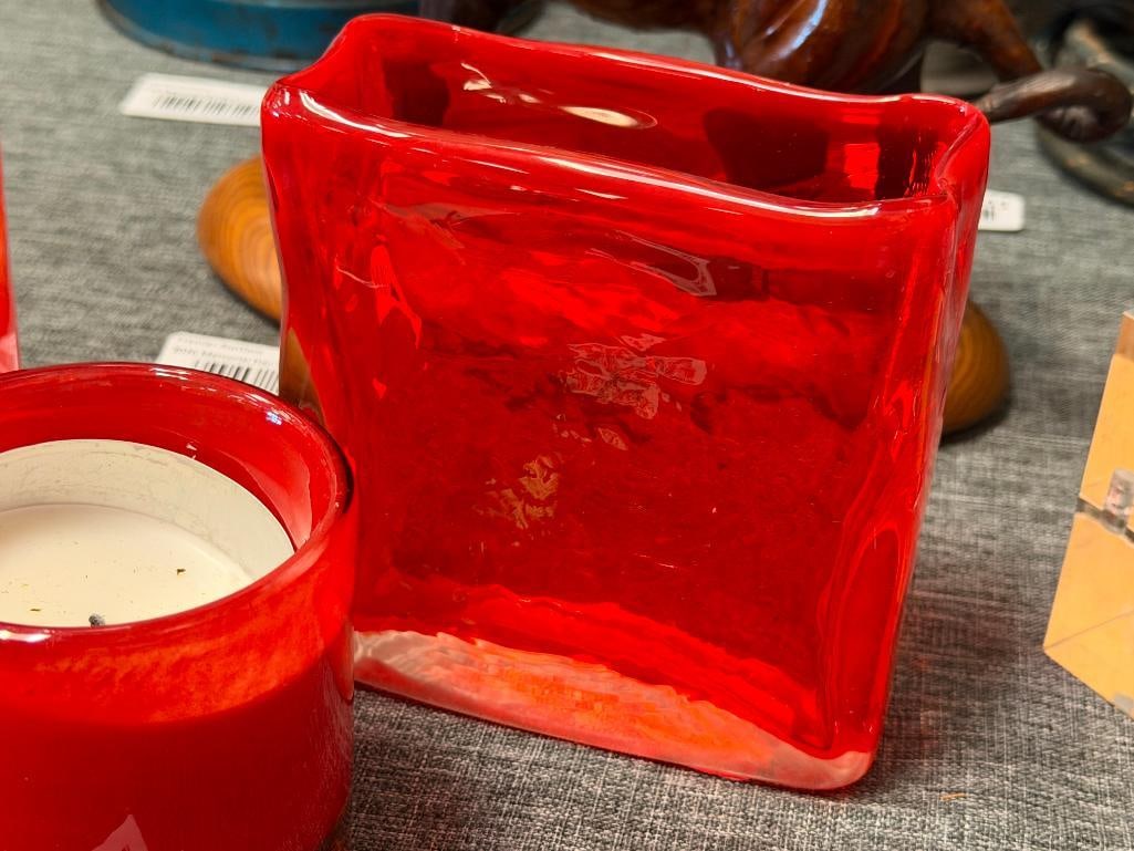 THREE HAND BLOWN ART GLASS RED GLASS VOTIVE HOLDERS AND DECORATIVE VASES ONE IS SIGNED BY HENRY D... - 3