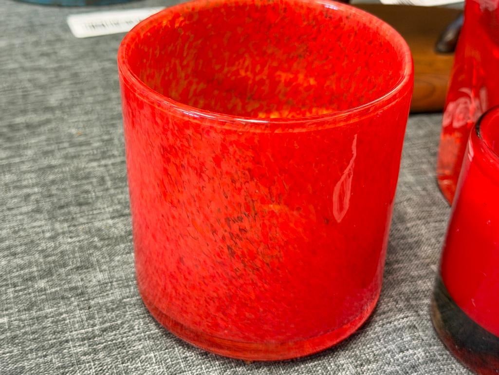 THREE HAND BLOWN ART GLASS RED GLASS VOTIVE HOLDERS AND DECORATIVE VASES ONE IS SIGNED BY HENRY D... - 4