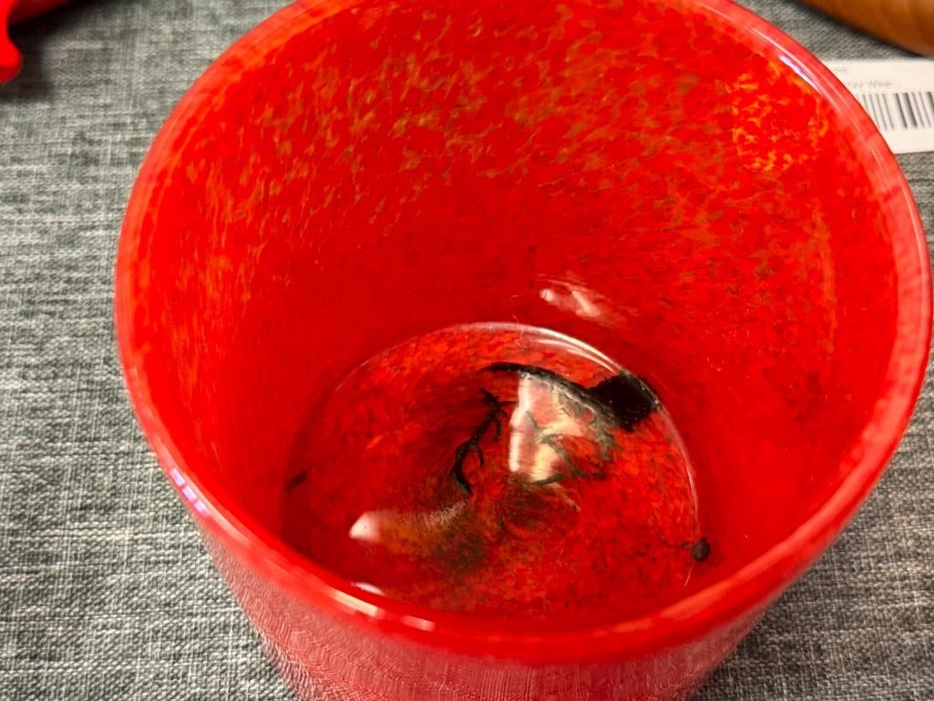 THREE HAND BLOWN ART GLASS RED GLASS VOTIVE HOLDERS AND DECORATIVE VASES ONE IS SIGNED BY HENRY D... - 6