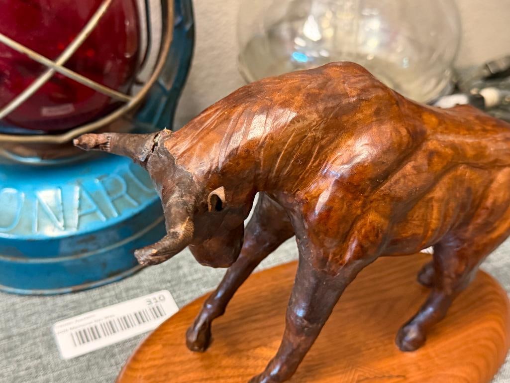 VINTAGE FULL LEATHER WRAPPED BULL FIGURE MOUNTED ON WALNUT BASE - 2