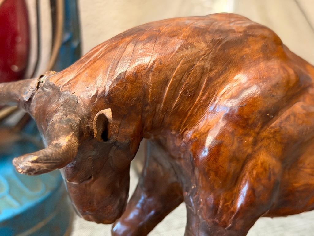 VINTAGE FULL LEATHER WRAPPED BULL FIGURE MOUNTED ON WALNUT BASE - 3