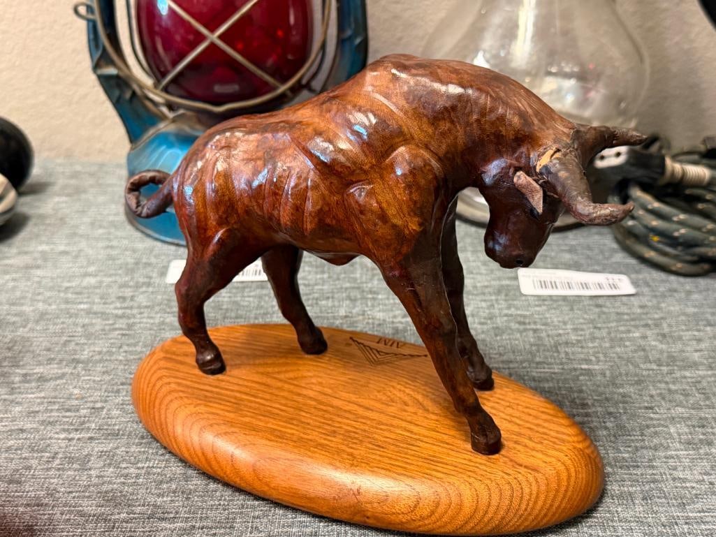 VINTAGE FULL LEATHER WRAPPED BULL FIGURE MOUNTED ON WALNUT BASE - 5