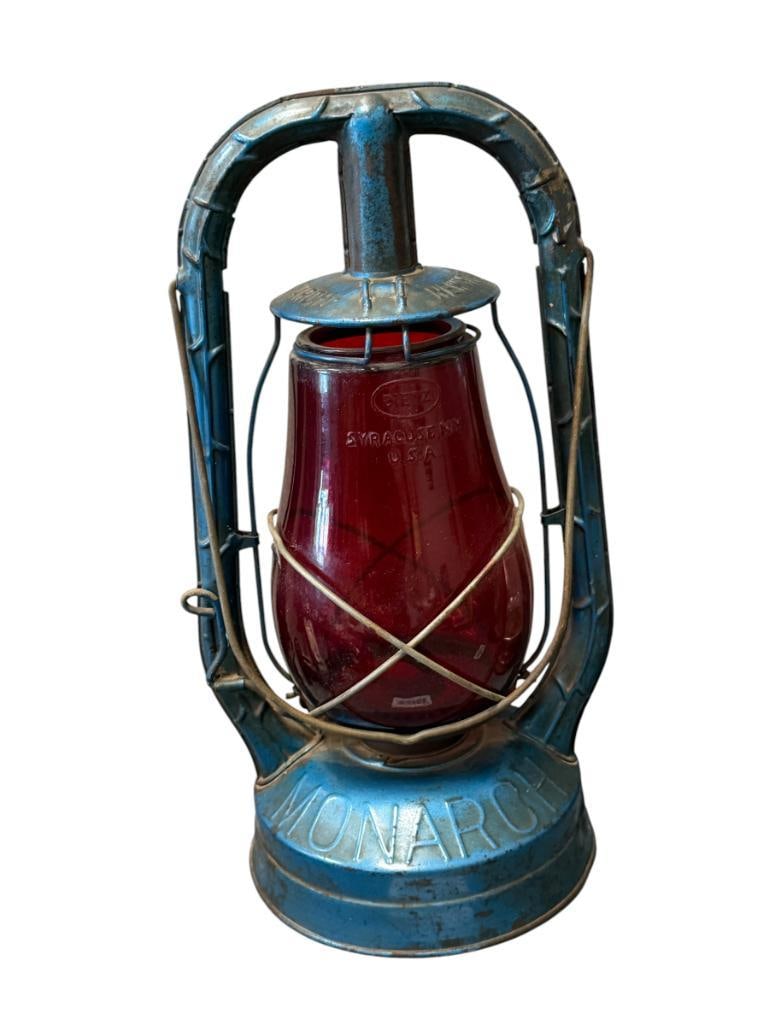 EARLY 20TH CENTURY DIETZ MONARCH RAILROAD SIGNAL LANTERN WITH RUBY RED GLOBE: INCLUDES DIETZ GLOBE, NO CRACKS TO GLOBE, MISSING CAP TO FONT 13 3/4" H