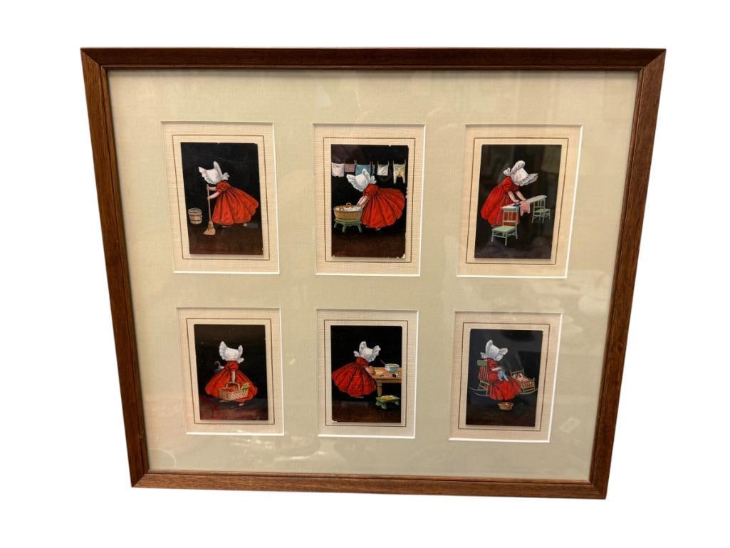 VINTAGE ULLMAN SUNBONNET BABY POSTCARDS MADE BY THE ULLMAN MANUFACTURING CO.: POSTCARDS DEPICT SUNBONNET GIRL PERFORMING VARIOUS CHORES, SET OF SIX CARDS, FRAMED 20" X 17 1/2" FRAME