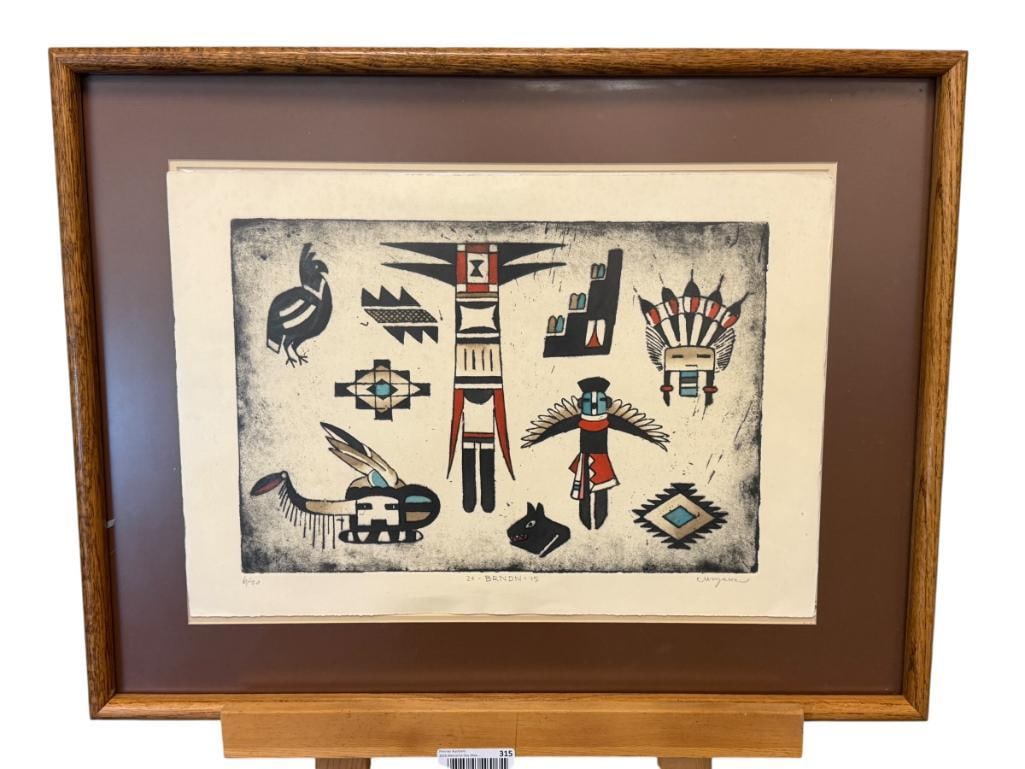 BRNDN SIGNED NATIVE AMERICAN LIMITED EDITION LITHOGRAPH OF GEOMETRIC DESIGNS, KACHINAS, BIRDS (1 of 8)