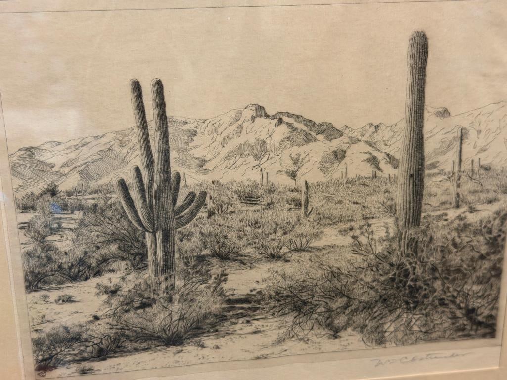 WILLIAM OSTRANDER LISTED AMERICAN ARTIST DRY POINT ETCHING TITLED DESERT WASTE - 2