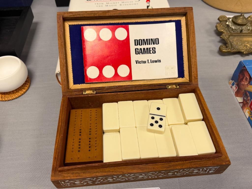DOUBLE-SIX DOMINOES GAME SET IN BONE INLAY INDIA HARDWOOD STORAGE BOX PLUS POCKET CRIBBAGE BOARD - 4