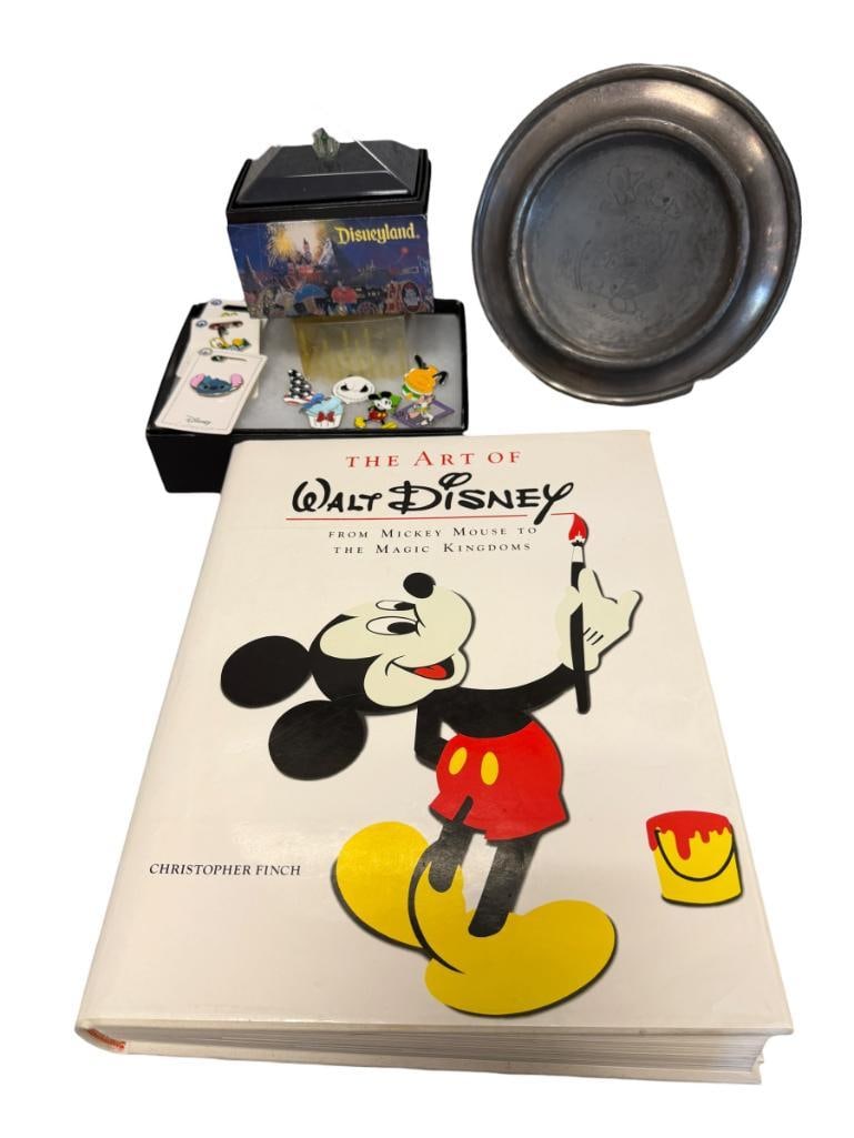 WALT DISNEY / DISNEYLAND COLLECTIBLES THE ART OF WALT DISNEY BOOK, SILVERPLATE BABY BOWL, PINS (1 of 18)