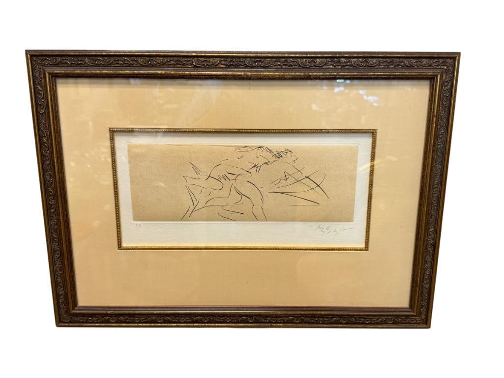 REUBEN NAKIAN AMERICAN ARTIST AND TEACHER ARTIST PROOF PRINT GOAT AND NYMPH: REUBEN NAKIAN (1897-1986) NOTED FOR HIS GREEK AND ROMAN MYTHOLOGY INSPIRED ARTS, ART DEPICTS SKETCH OF GOAT AND NYMPH, SIGNED LOWER RIGHT, FRAMED 24" X 17" FRAME