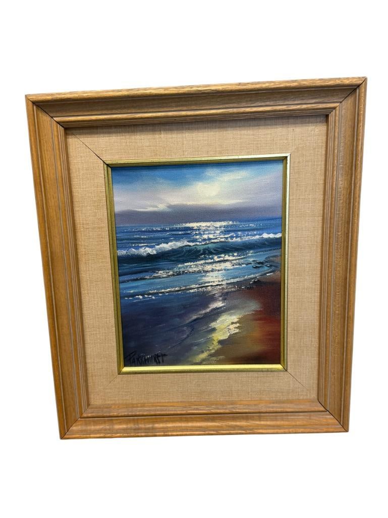 VIOLET PARKHURST CALIFORNIA ARTIST ORIGINAL OIL ON CANVAS SEASCAPE: VILOET PARKHURST (1921-2008) WAS A NOTED ARTIST WELL KNOWN FOR HER LUMINOUS SEASCAPES SUCH AS THE ONE PRESENTED, ART DEPICTS VIBRANT SEASCAPE WITH CRASHING WAVES AND SUN REFLECTING OFF THE WATER, SIGN