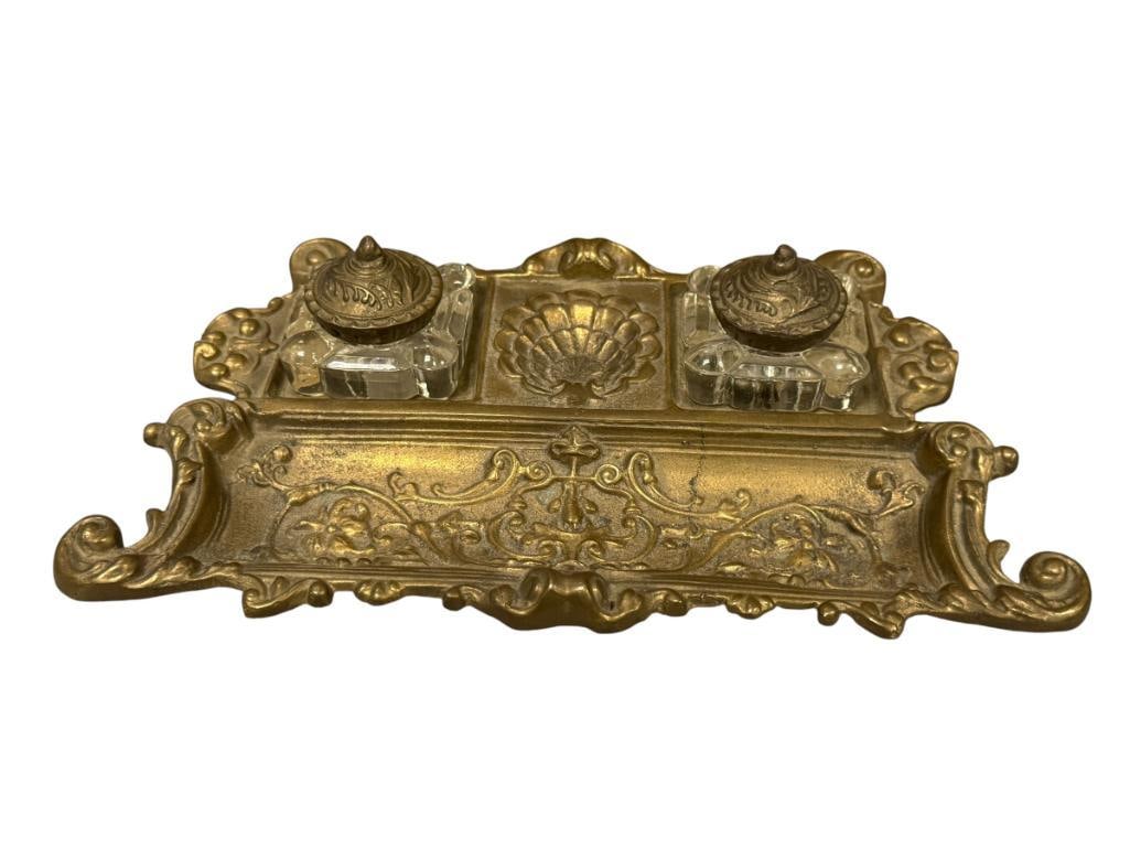 ORNATE ART NOUVEAU DOUBLE BRASS INKWELL DESK SET POSSIBLY BY VIRGINIA METALCRAFTERS (1 of 6)