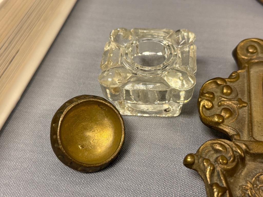 ORNATE ART NOUVEAU DOUBLE BRASS INKWELL DESK SET POSSIBLY BY VIRGINIA METALCRAFTERS - 5