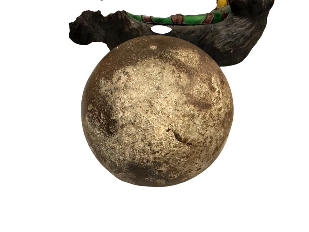 ANTIQUE 6 POUND CAST IRON ARTILLERY CANNON BALL OR GRINDING BALL: MY HAVE BEEN USED IN A STAMPING MILL AS IT HAS A FLATTENED SIDE 3 3/4" ROUND