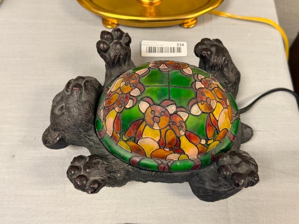 BRONZE TONED COMPOSITE CAT DECORATIVE ACCENT LAMP WITH STAINED GLASS STYLE SHADE - 2